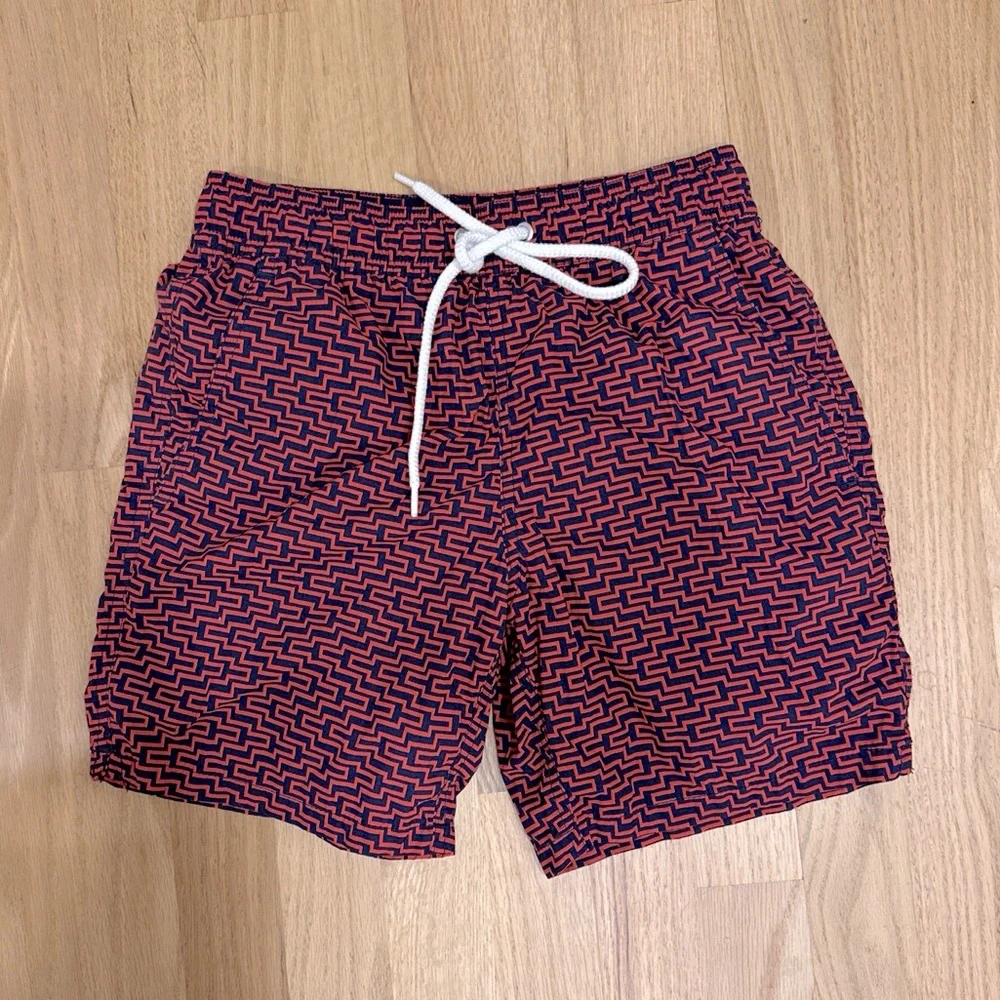J. Crew Men's Swim Trunk Red Geometric Print Mesh Lined  Size XS